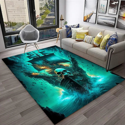 3D Pirate Ship Boat,Sailboat,Barque Carpet Rug for Home Living Room Bedroom Sofa Doormat Decor,kids Area Rug Non-slip Floor Mat