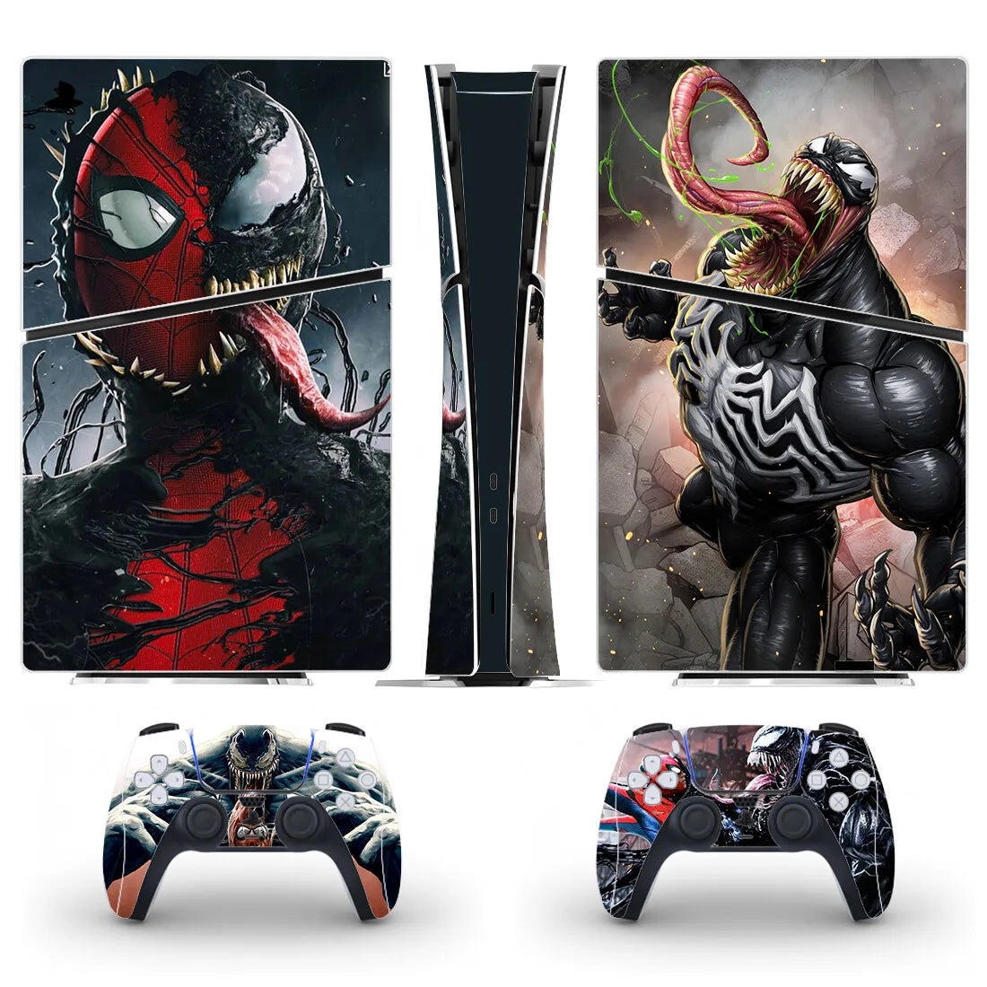 Gaming console and controllers with Venom-themed skins on a white background