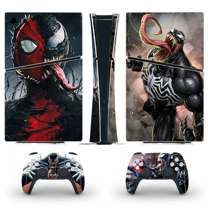 Gaming console and controllers with Venom-themed skins on a white background