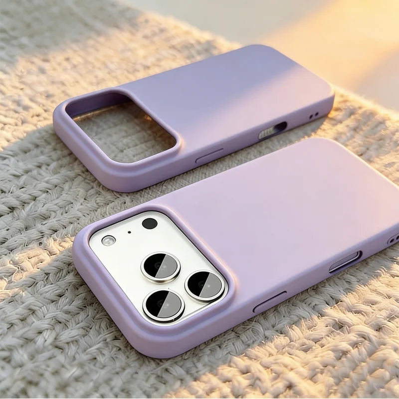 Two light purple phone cases shown on a textured beige woven surface, one empty and one fitted with a white smartphone.