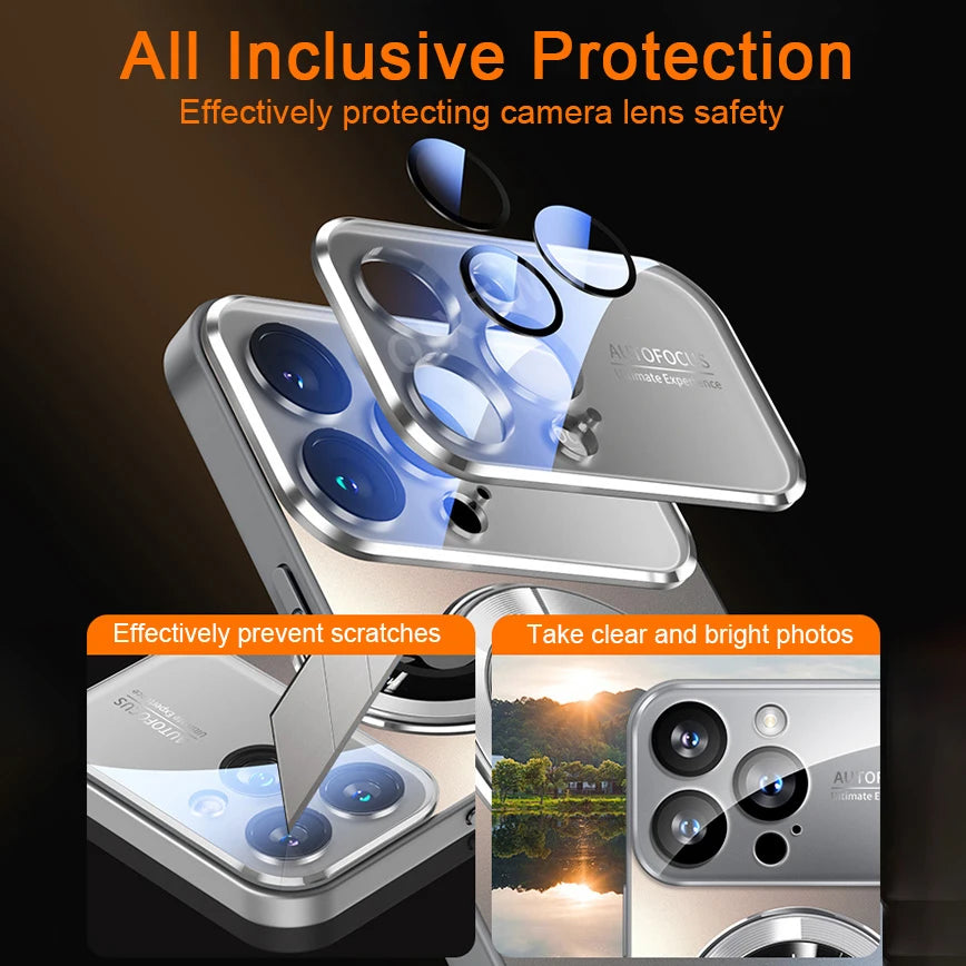 Luxury Glass Camera Lens For Magesafe Magnetic Wireless Charging Case For iPhone 11 12 13 14 15 16 Pro Max Plus Shockproof Cover