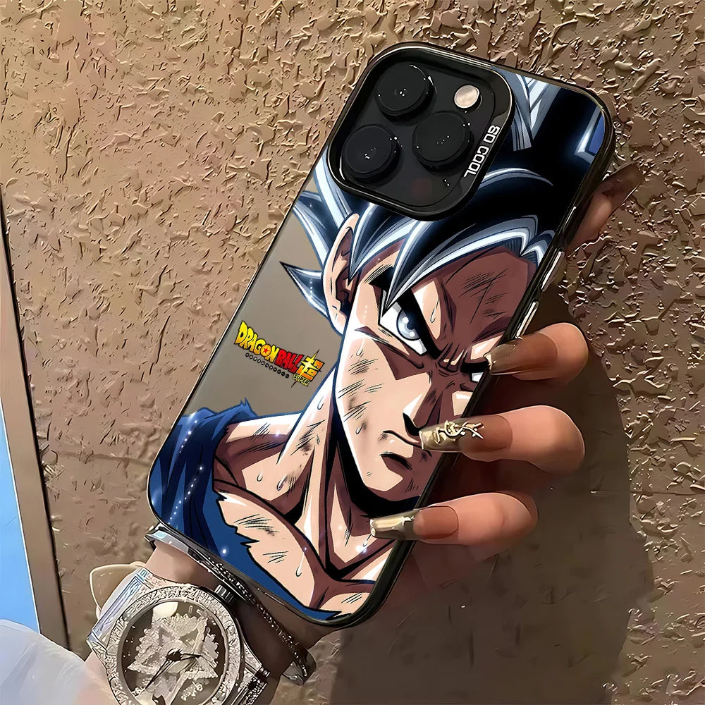 A phone case featuring an anime character print from Dragon Ball Z, held by a hand with long manicured nails and a watch, against a textured brown wall.