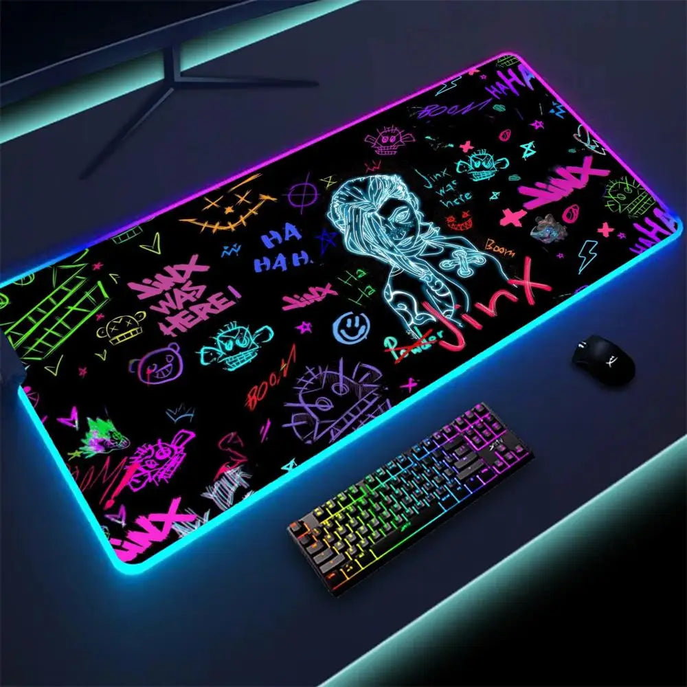 Arcane Jinx LOL Mouse Pad  RGB Keyboard Cover Colorful MousePad LED Light E-sports Mousepad Computer Gamer Glow Long Desk Mat