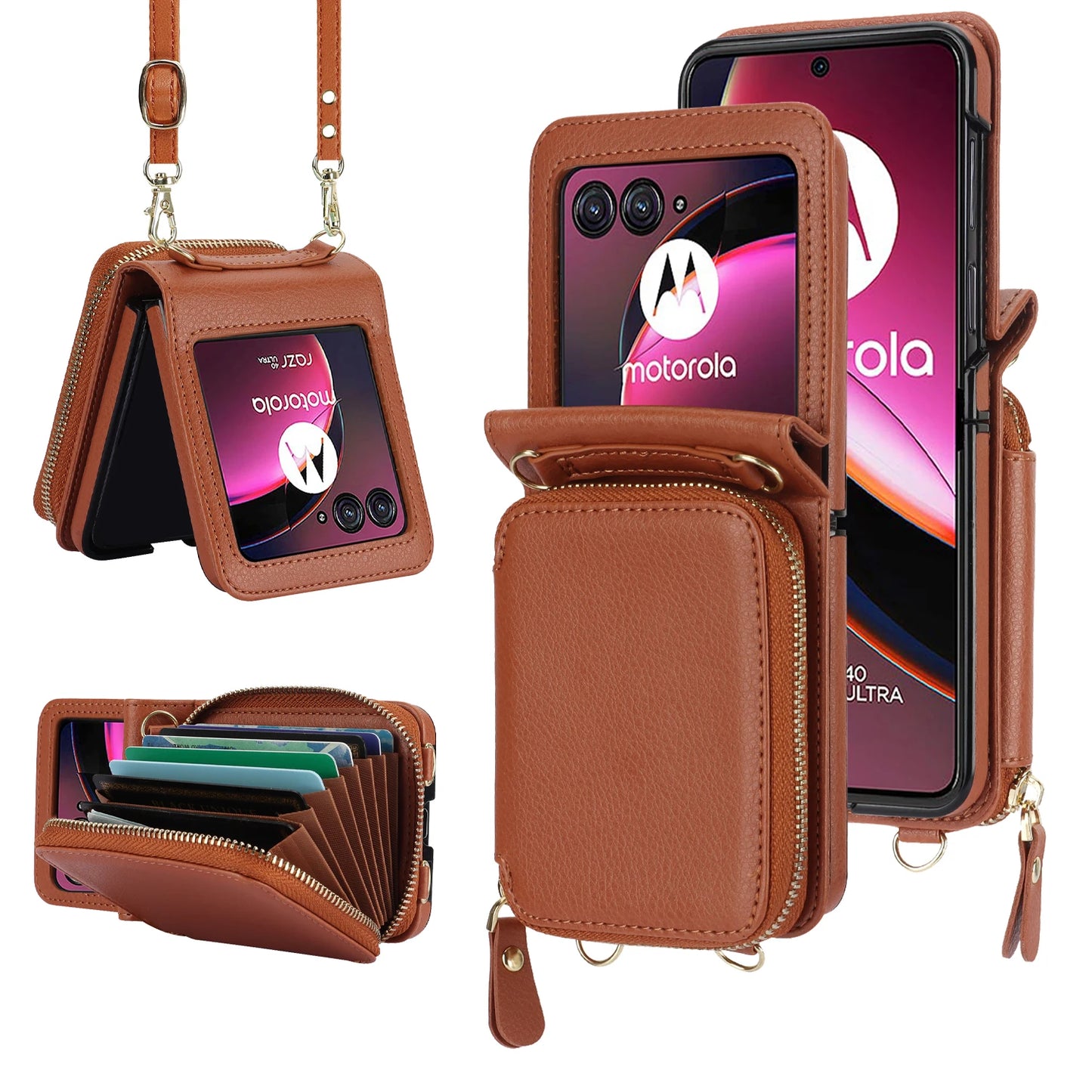 Crossbody Zipper Cards Solt Wallet Leather Case for Motorola Razr 50 Ultra Razr50 40 Long Lanyard Bag RFID Multifunctional Cover