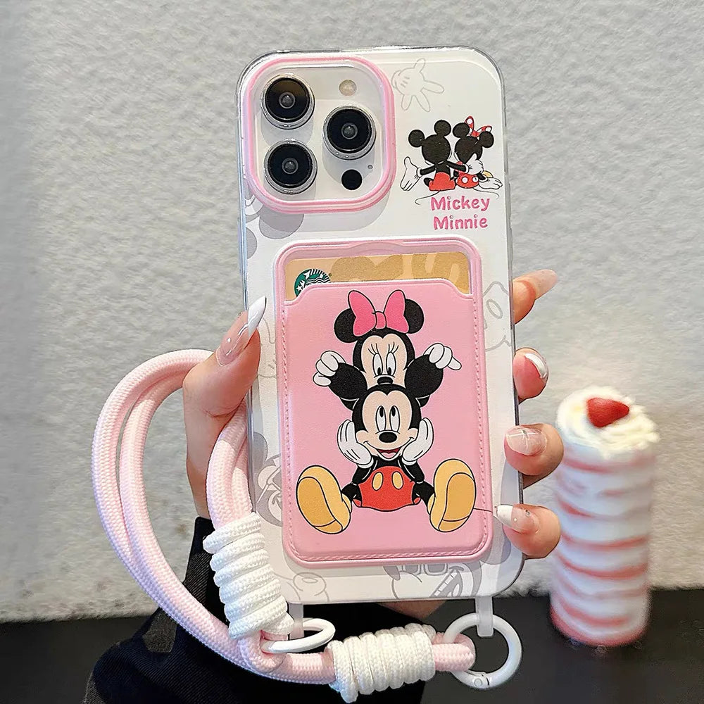 Couple Card Holder Cartoon Phone Case for iPhone 16 14 Plus 15 Pro Max 11 12 13 Pro X XS XR 7 8 SE With Lanyard