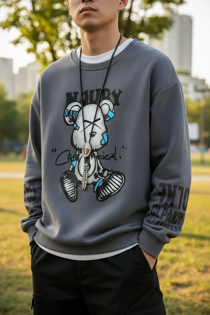 Autumn Men’s Sweatshirt Cool Bear Print Long Sleeve T-shirt Khaki O Neck Harajuku Exclusive Design Top