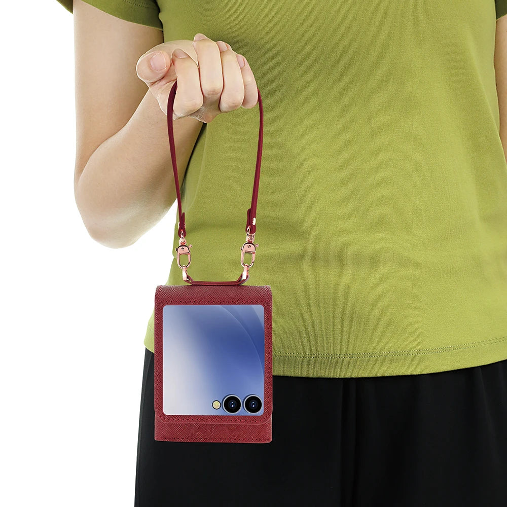 VIETAO Dark Red PU Leather Wallet Phone Case with Wrist Strap for Galaxy Z Flip 7/6/5/4/3 Women's Fashionable Phone Cover Case