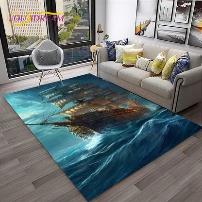 3D Pirate Ship Boat,Sailboat,Barque Carpet Rug for Home Living Room Bedroom Sofa Doormat Decor,kids Area Rug Non-slip Floor Mat