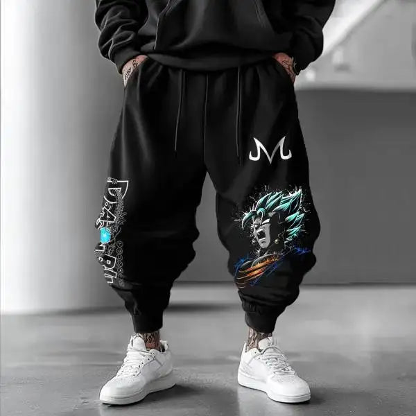 2026 New Street Fashion Mens Cotton High Waist Trousers Wide Leg Design Loose Hem Breathable Pants Goku Print