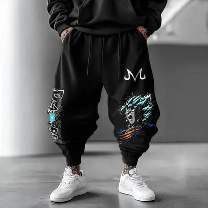 2026 New Street Fashion Mens Cotton High Waist Trousers Wide Leg Design Loose Hem Breathable Pants Goku Print
