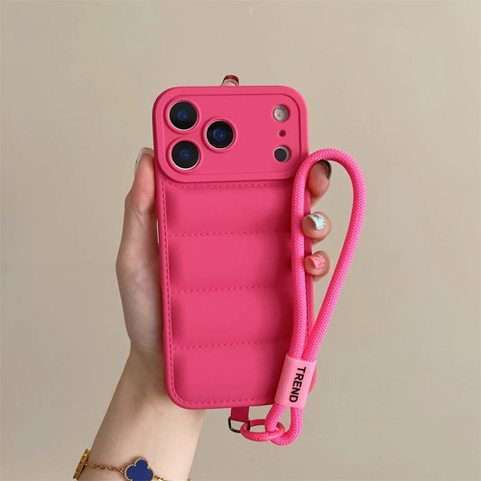 Soft Down Jacket Silicone Case For iPhone 17 16 15 14 13 12 11 Pro Max Plus Air Shockproof Camera Protection Wrist Strap Cover