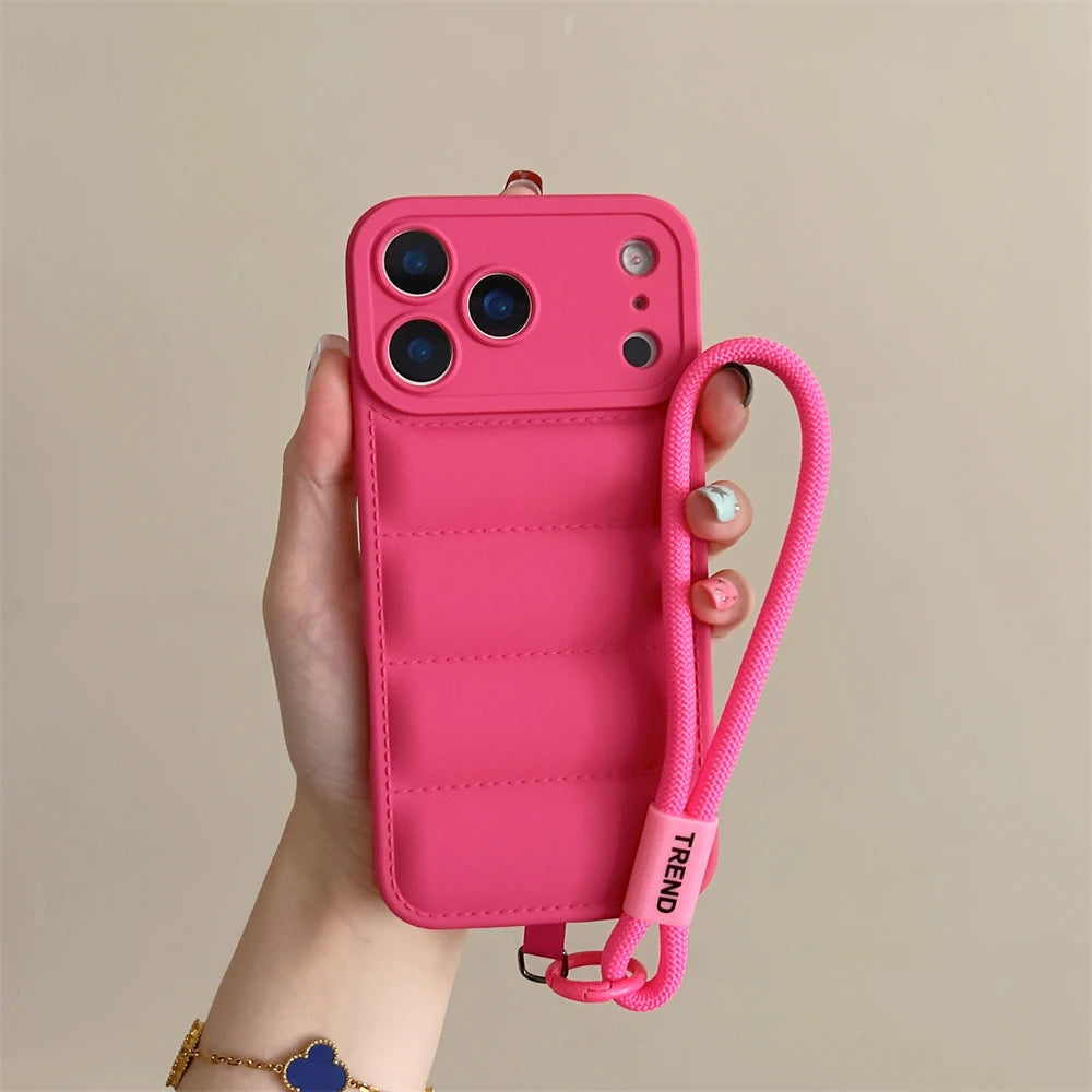 Soft Down Jacket Silicone Case For iPhone 17 16 15 14 13 12 11 Pro Max Plus Air Shockproof Camera Protection Wrist Strap Cover