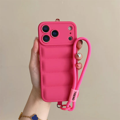 Soft Down Jacket Silicone Case For iPhone 17 16 15 14 13 12 11 Pro Max Plus Air Shockproof Camera Protection Wrist Strap Cover