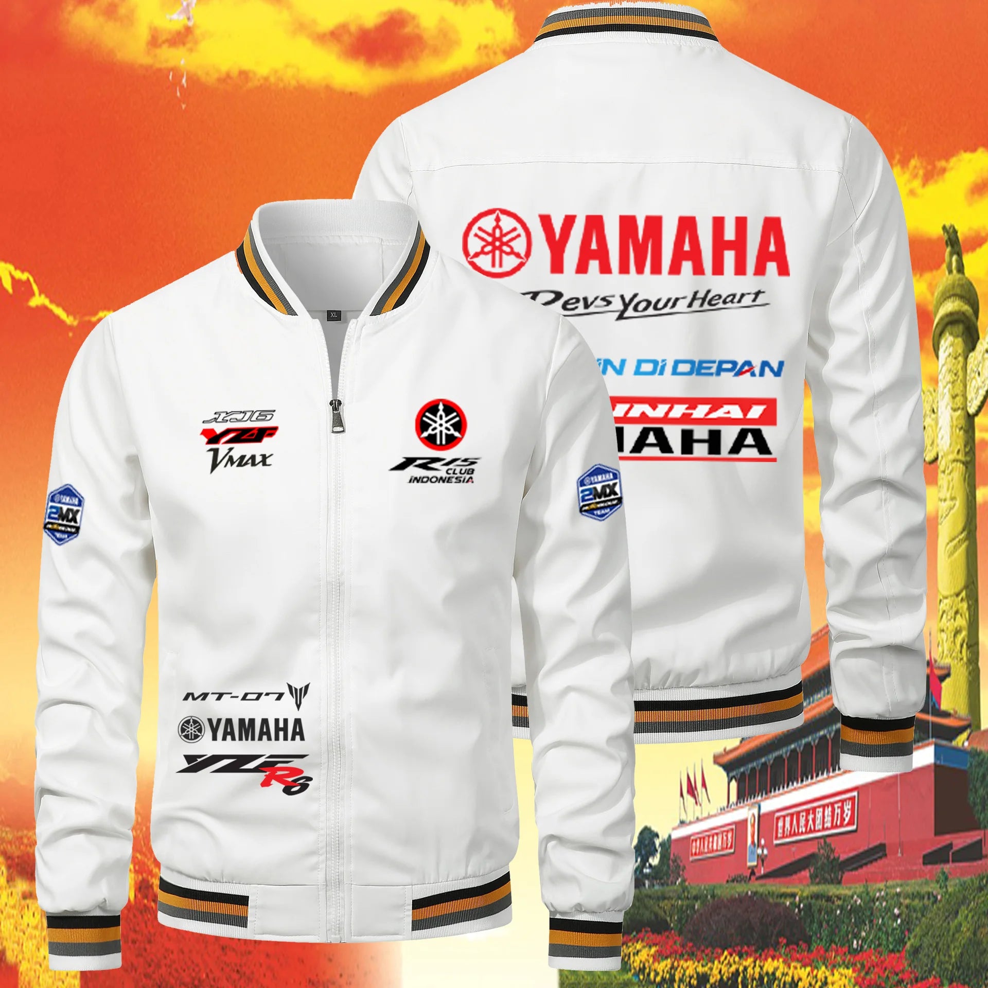 White Yamaha jacket with various logos on a colorful background