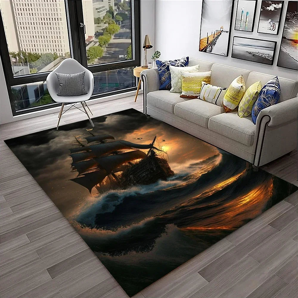 3D Pirate Ship Boat,Sailboat,Barque Carpet Rug for Home Living Room Bedroom Sofa Doormat Decor,kids Area Rug Non-slip Floor Mat