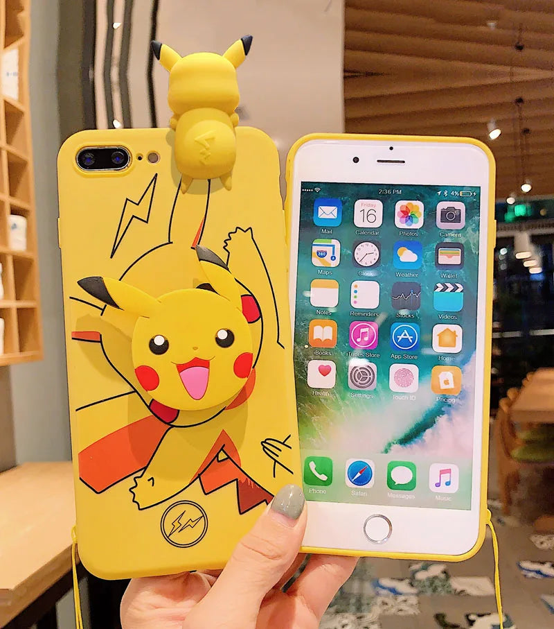 iPhone 6 6s 7 8 X Xs Max XR 11 12 13 14 15 16 Pro Max SE Pokemon Pikachu Phone Case With Holder Rope