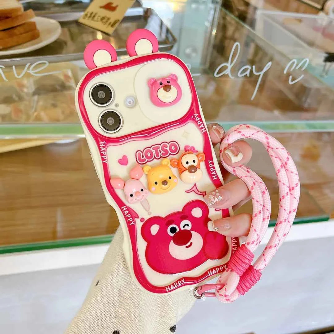 Cute Cartoon Winnie the Pooh Lotso strap chain Phone Case For iPhone 17 16 15 14 13 12 11 Pro Max 14 15 16 Plus Back Cover