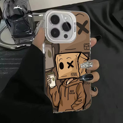 Cartoon Box Man Pattern Plating Phone Case for iPhone 16 15 14 13 12 11 Pro Max 16E XS X XR 7 8 Plus SE2 Shockproof Matte Cover