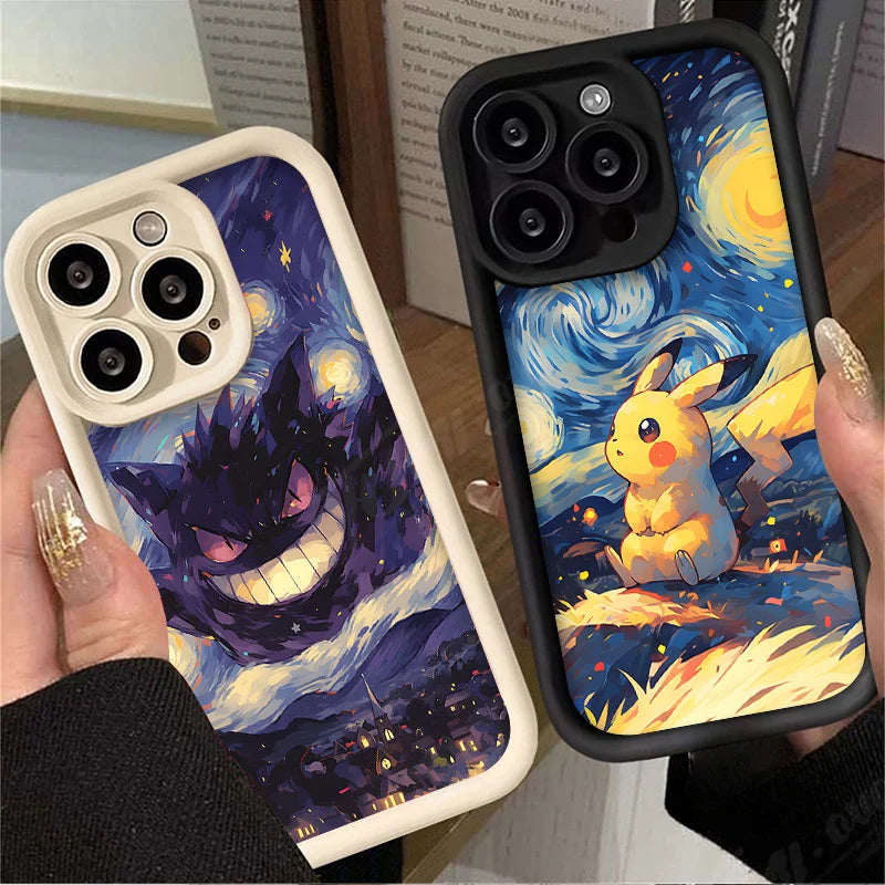 Oil Painting P-Pokemon Case for iPhone 14 15 Pro Max 13 12 11 X XS XR 7 8 Plus SE 2020 Shockproof Soft Silicone Protective Cover