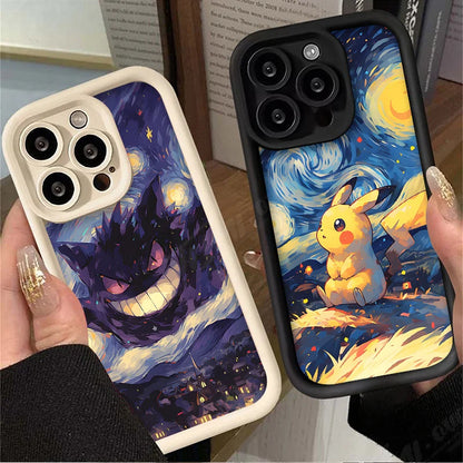 Oil Painting P-Pokemon Case for iPhone 14 15 Pro Max 13 12 11 X XS XR 7 8 Plus SE 2020 Shockproof Soft Silicone Protective Cover