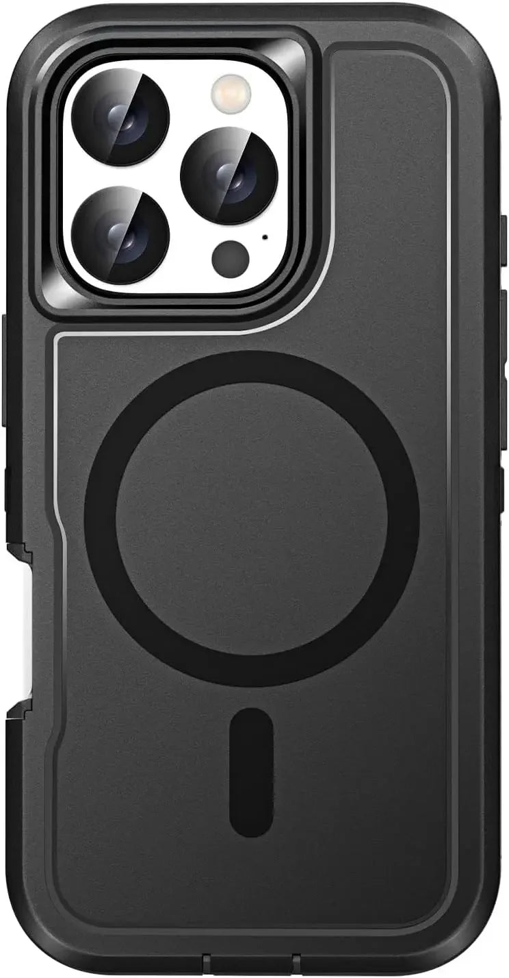 Black phone case with magnetic design on a black background