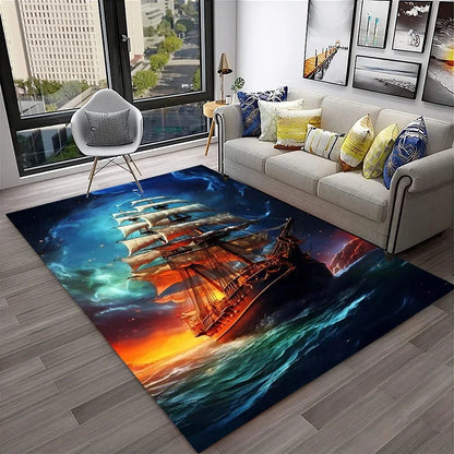 3D Pirate Ship Boat,Sailboat,Barque Carpet Rug for Home Living Room Bedroom Sofa Doormat Decor,kids Area Rug Non-slip Floor Mat