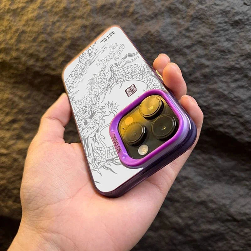 Hand holding a phone with a unique case design against a textured background