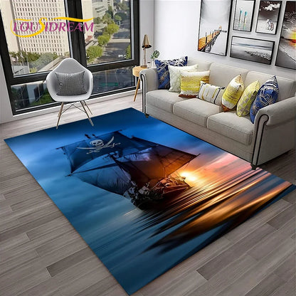 3D Pirate Ship Boat,Sailboat,Barque Carpet Rug for Home Living Room Bedroom Sofa Doormat Decor,kids Area Rug Non-slip Floor Mat