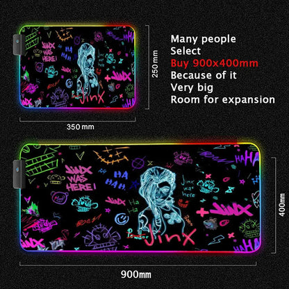 Arcane Jinx LOL Mouse Pad  RGB Keyboard Cover Colorful MousePad LED Light E-sports Mousepad Computer Gamer Glow Long Desk Mat