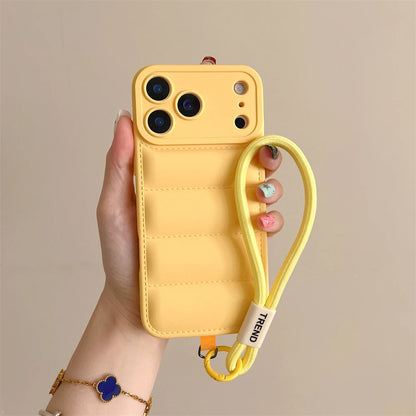 Soft Down Jacket Silicone Case For iPhone 17 16 15 14 13 12 11 Pro Max Plus Air Shockproof Camera Protection Wrist Strap Cover