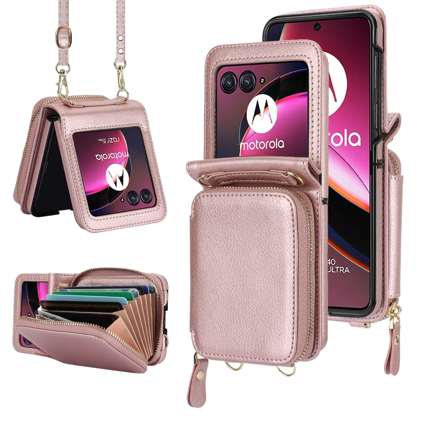 Crossbody Zipper Cards Solt Wallet Leather Case for Motorola Razr 50 Ultra Razr50 40 Long Lanyard Bag RFID Multifunctional Cover