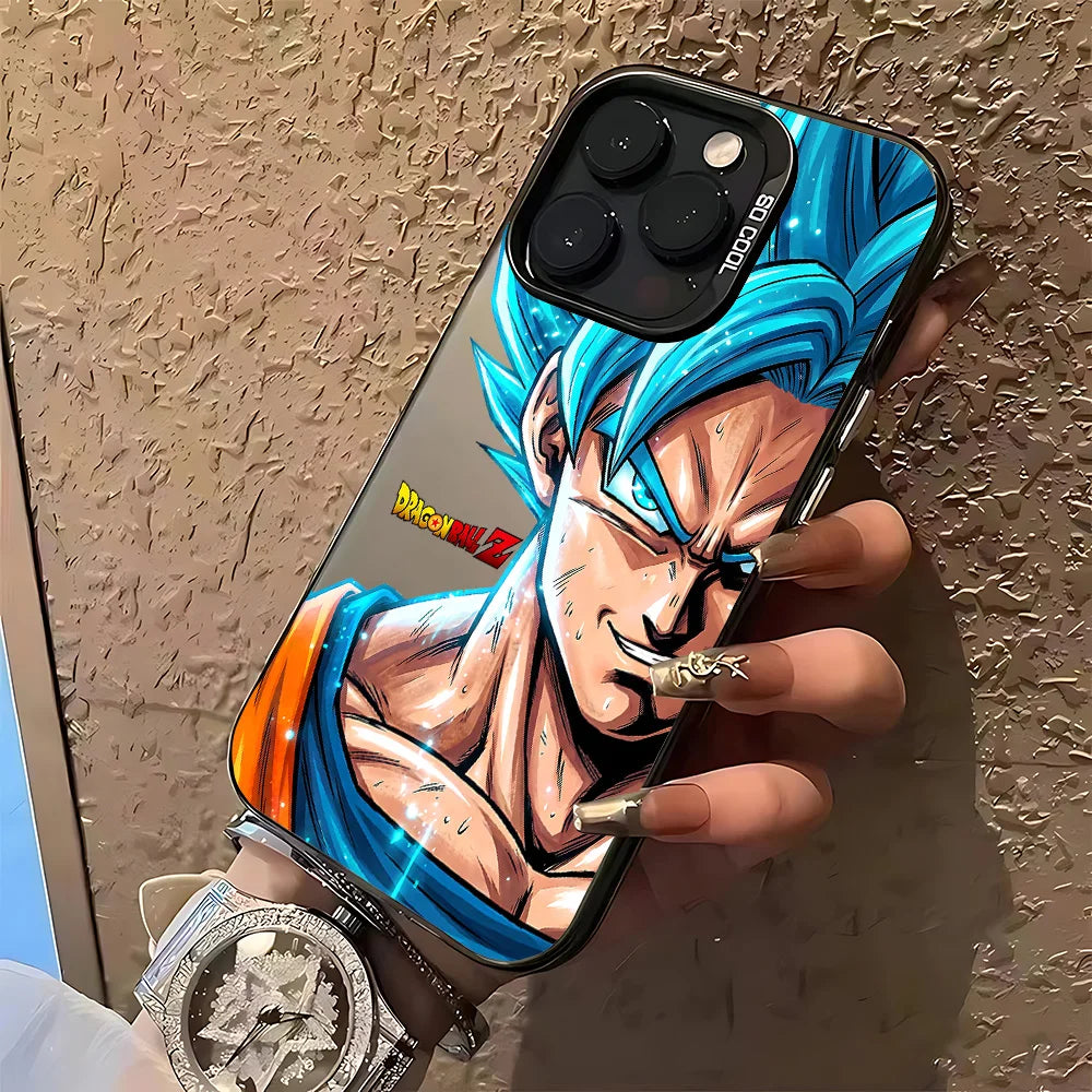 A hand holding a black phone case featuring an illustrated anime character with bright blue hair and orange clothing, shown against a textured beige wall.