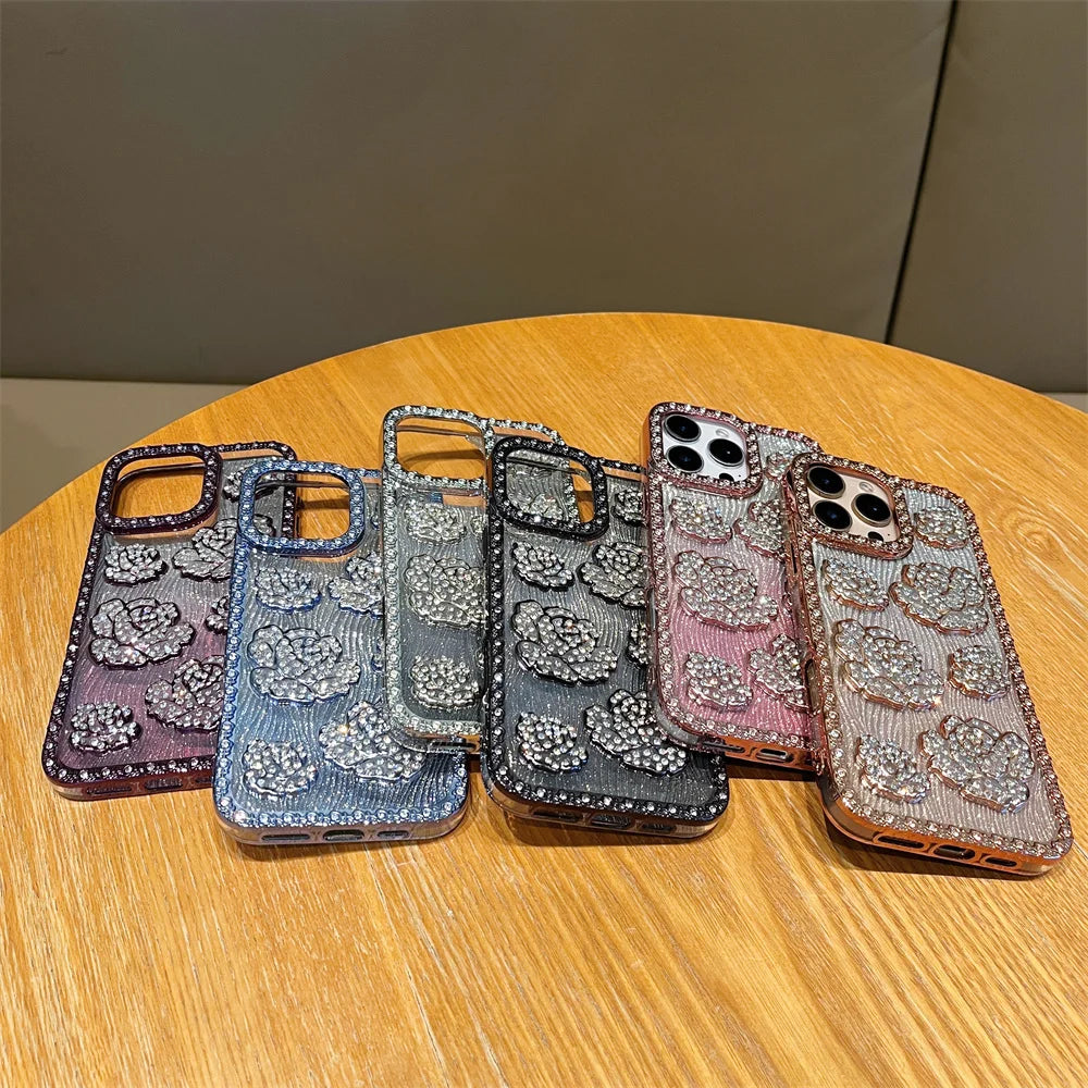 Fashion 3D Diamond Rose Phone Case for iPhone 16 15 14 13 11 12 Pro Max 16 Plus Bling Shiny Gradient Shockproof TPU Soft Cover