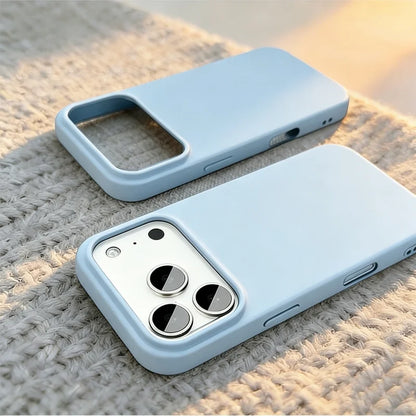 Two light blue phone cases shown on a textured beige woven surface, one empty and one fitted with a silver smartphone.