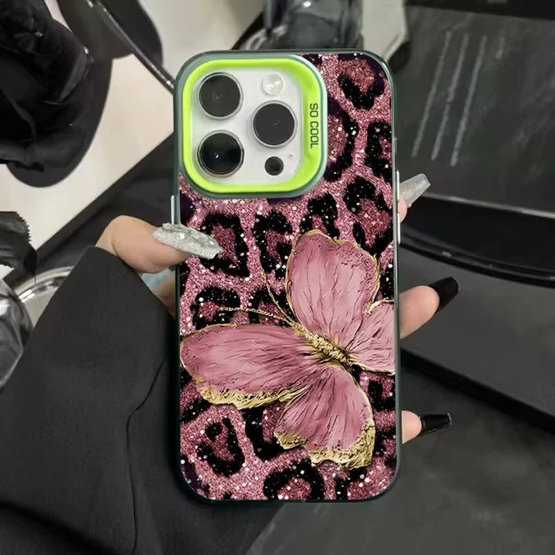 Animal Butterfly Leopard Print Phone Case For iPhone 16 Pro Max 16E 15 14 Plus 13 12 11 Pro X XS XR 7 8 Plus SE Shockproof Cover