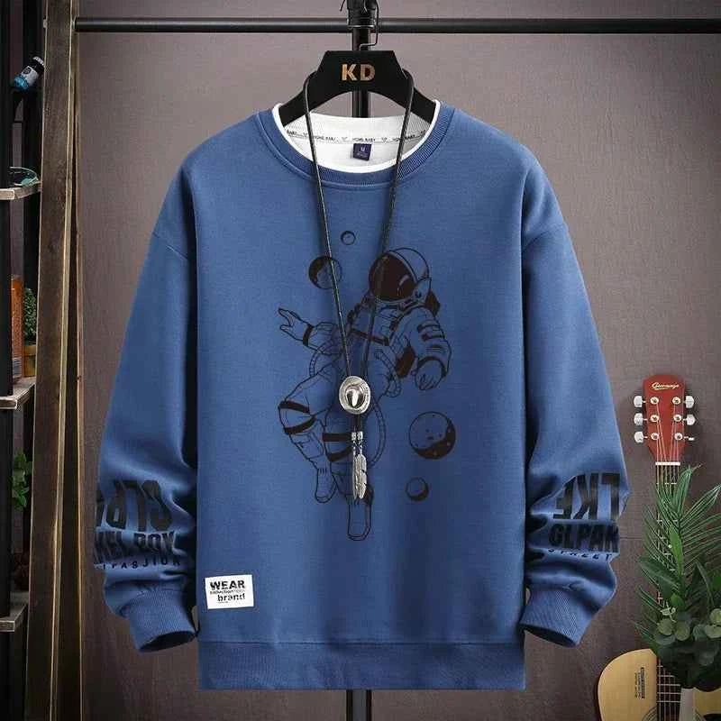 Autumn Men's Sweatshirt Adolescent Astronaut Printed Long Sleeve T-shirt Fashion Men's Clothing Grey O Neck Harajuku Top New