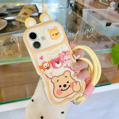 Cute Cartoon Winnie the Pooh Lotso strap chain Phone Case For iPhone 17 16 15 14 13 12 11 Pro Max 14 15 16 Plus Back Cover