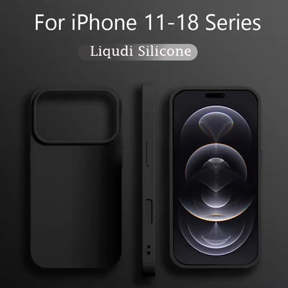 Black silicone phone case shown from two angles: back view with a large camera cutout and side profile, displayed next to an iPhone. White text at the top reads 'For iPhone 11-18 Series' and 'Liquidi Silicone'.