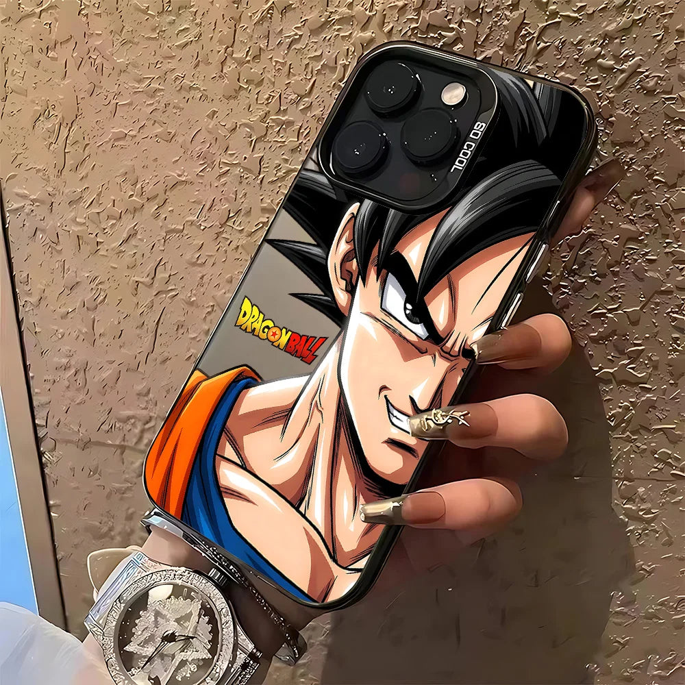 A hand holding a black phone case featuring an anime-style Dragon Ball character print, shown against a textured beige wall.