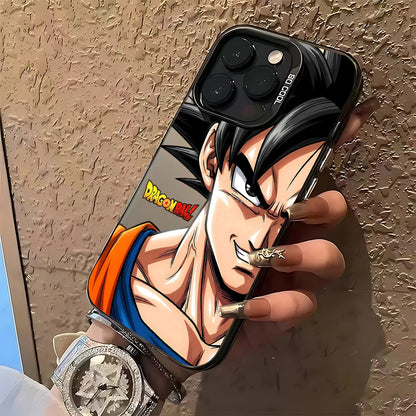 A hand holding a black phone case featuring an anime-style Dragon Ball character print, shown against a textured beige wall.