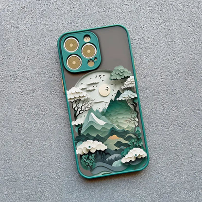 Phone case with mountain design on a gray background