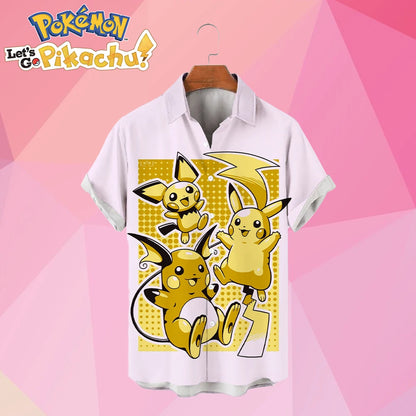 Pikachu Men's Shirt Short Sleeve Cute HD Printed Street Wear Hawaiian Casual 2024 Harajuku Children's Anime Cartoon
