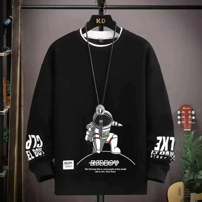 Autumn Men's Sweatshirt Adolescent Astronaut Printed Long Sleeve T-shirt Fashion Men's Clothing Grey O Neck Harajuku Top New