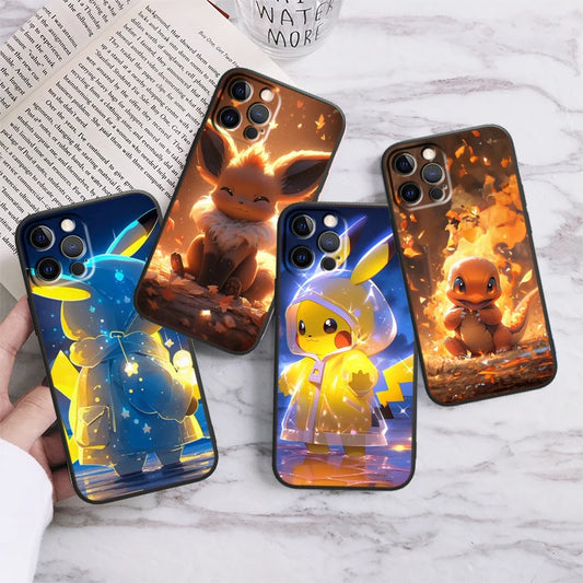 Trend Cartoon Cute Pokemon For iPhone 15 14 13 12 11 XS XR X 8 7 SE Pro Max Plus Mini Black Back Phone Case