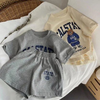 Summer Toddler Baby Girl Solid Cotton Clothes Short Sleeve Cartoon Bear Printed T-shirts and Shorts 2pcs Set Kid Boy Tracksuits - ST Superstore