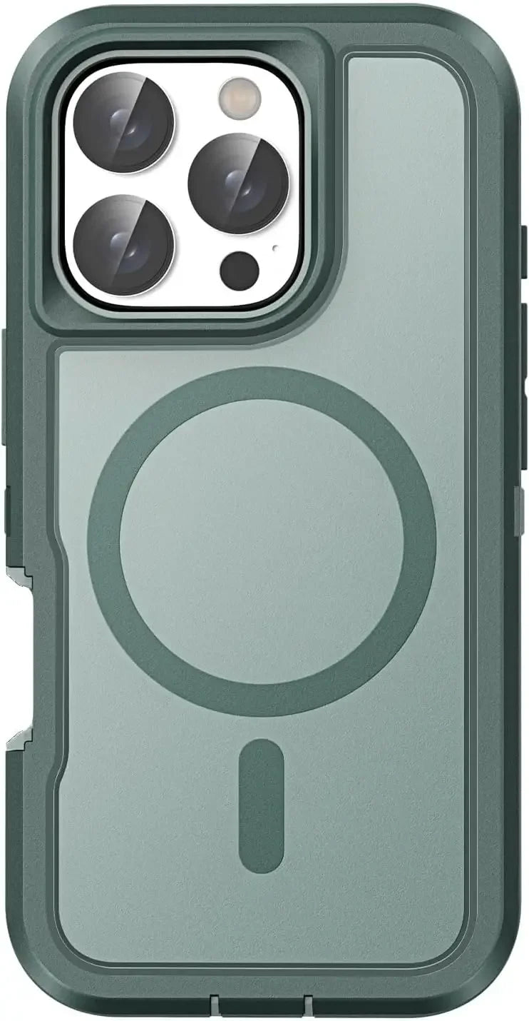 Green phone case with a magnetic design on a white background