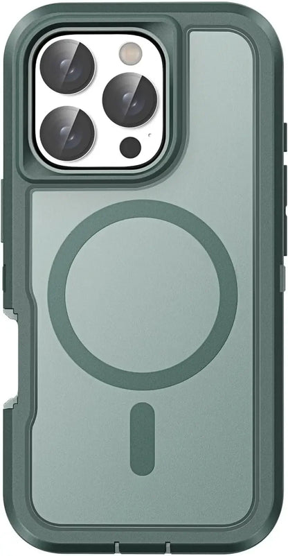 Green phone case with a magnetic design on a white background