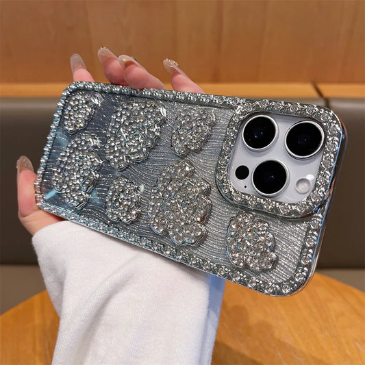 Fashion 3D Diamond Rose Phone Case for iPhone 16 15 14 13 11 12 Pro Max 16 Plus Bling Shiny Gradient Shockproof TPU Soft Cover