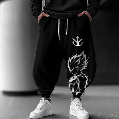 2026 New Street Fashion Mens Cotton High Waist Trousers Wide Leg Design Loose Hem Breathable Pants Goku Print