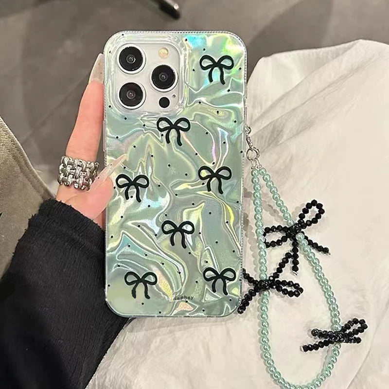 Bowknot Butterfly Pearl Polka Dot Case For iPhone 16 13 15 Pro 12 14 11 Pro Max 16E 7 8 Plus XS Max X XR SE 2020 Girl Cover